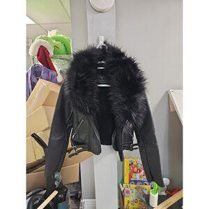 LA Coal Womens Size S Black Faux Leather MOTO Jacket Removable Faux Fur Collar